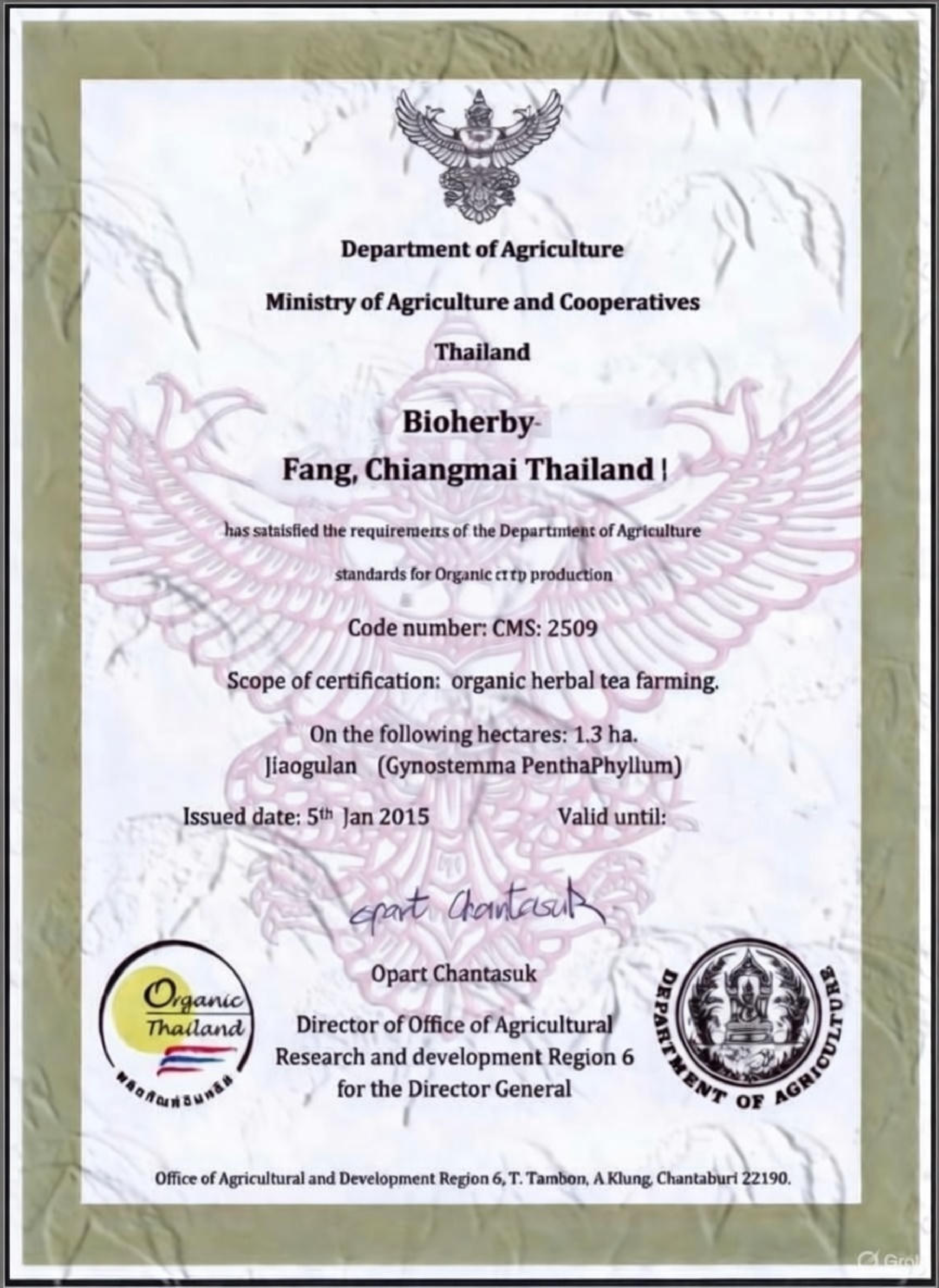 Organic-Thailand-Zertifikat (CMS:2509) – Bioherby, Fang, Chiang Mai, Thailand